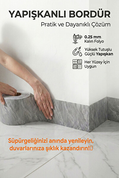 FixCaps Mermer Desenli Kendinden Yapışkanlı Folyo Bordür,GRİ Mermer ,Dekorati...