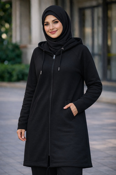 Tesettür Kapüşonlu Fermuarlı Sweatshirt – Uzun Tunik Form, Cepli, Günlük ve Spor Kullanım