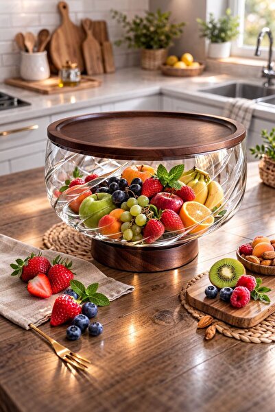 morponi Borosilikat CamLüks Akasya Kapaklı ve Akasya Ayaklı Cam Kase -Salata ...