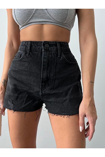HerTon Yüksek Bel Siyah Kot Şort