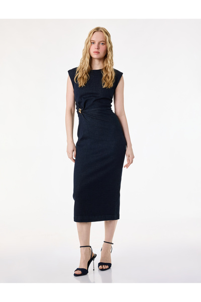 Koton Sleeveless Crew Neck Midi Denim Dress with Slits on the Back and Metal ...