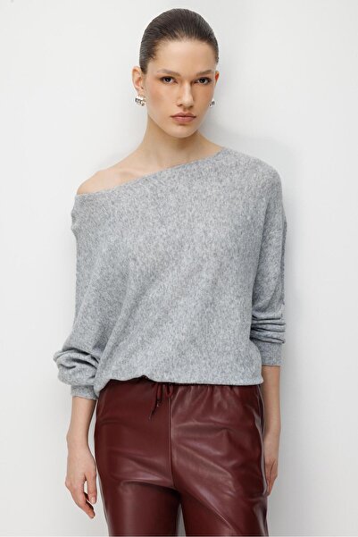 Mixray 7015 Kadın Yün Karışımlı Yarasa Kol Yumuşak Doku Triko Kazak Gri