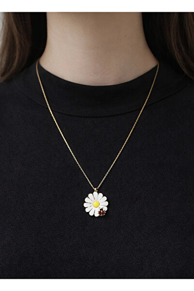 REDMOON GOLD 14 Ayar Gerçek Altın Uğurböcekli Papatya Model Kolye