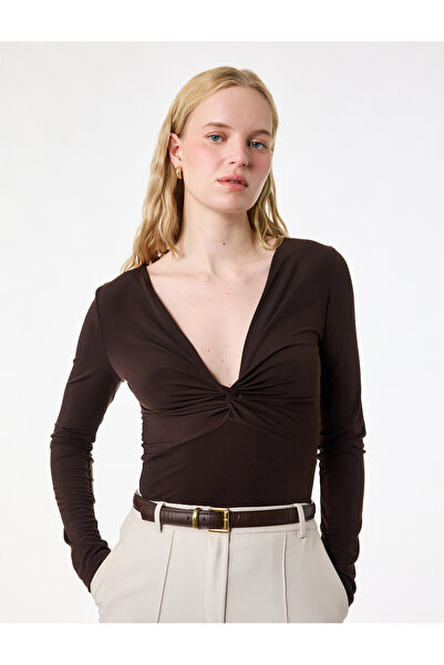 Koton Μπλουζάκι από ύφασμα Sandy Slim Fit με μακριά μανίκια, λεπτομέρεια κόμπ...