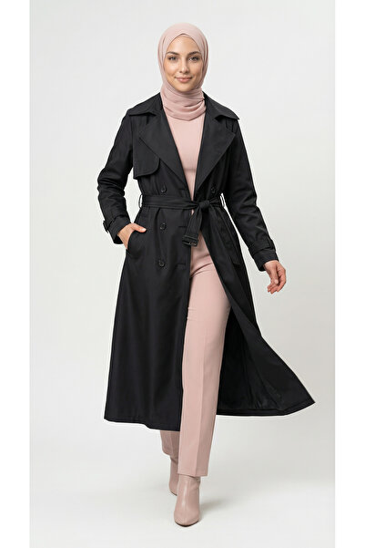 BENAHOLL Μακρύ παλτό με κορδόνια με κουμπιά Doresia-ZŞ6003 Μαύρο