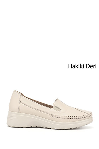 GÖNDERİ(R) Women's Beige Wedge Sole Genuine Leather Comfort Shoes