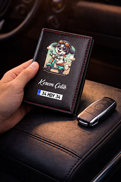 HEDİYEDİYE Kişiye Özel Sevimli Motorcu Köpek Tasarımlı Termo Deri Ruhsat Kabı