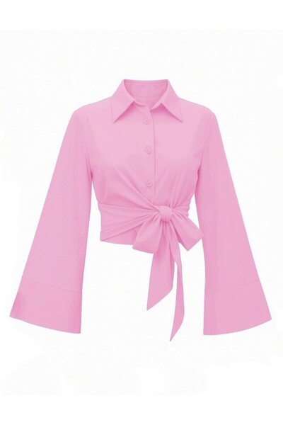Modamorfo Tie-Waist Spanish Sleeve Poplin Shirt Blouse -Pink