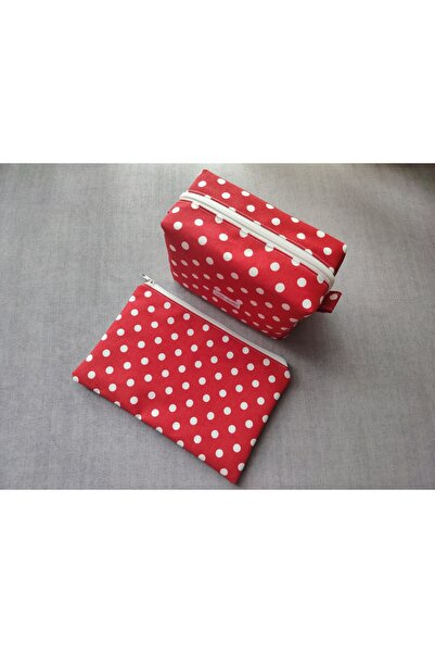 SevAte Handmade 2'li Set Kırmızı Renk Beyaz Puantiyeli Büyük Boy Seyahat&Maky...