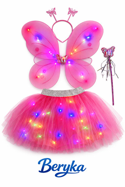 Beryka LED Işıklı Kelebekli Çocuk Kostümü - 4 Parça PEMBE