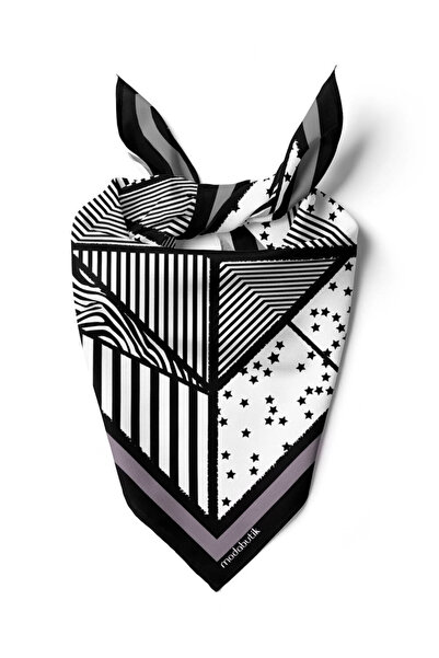 Modabutik Kadın Sİyah Beyaz Square Star Desenli 50x50 Bandana