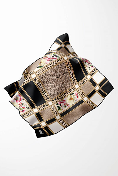 VİOLLA Twill Leopar ve Çiçek Desenli Siyah - Krem Renkli 90x90 Eşarp (İpek İç...