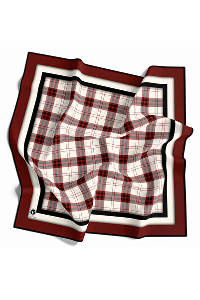 VİOLLA Twill Ekose Desenli Bordo Renkli 90x90 Eşarp (İpek İçermez) Kenar Diki...