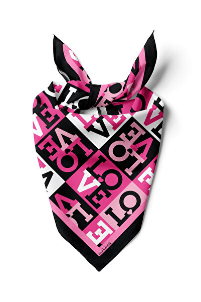 Modabutik B87 Kadın Siyah Pembe Love Desenli 50x50 Bandana HYL DG0847-22