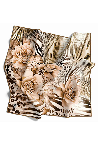 VİOLLA Twill Renkli Şerit Desenli Bej Renkli 90x90 Eşarp (İpek İçermez) Kenar...