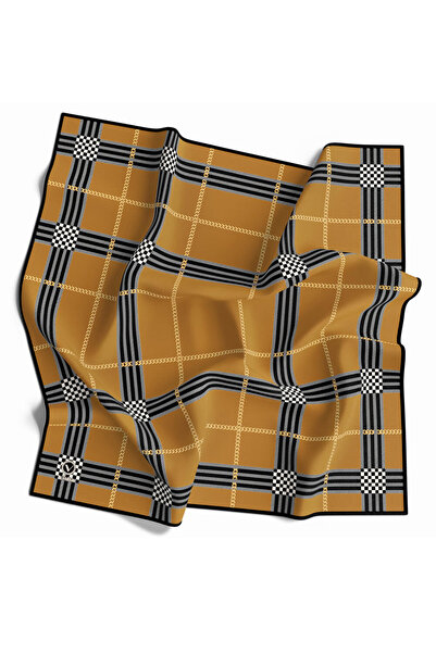 VİOLLA Twill Ekose Desenli Hardal Renkli 90x90 Eşarp (İpek İçermez) Kenar Dik...