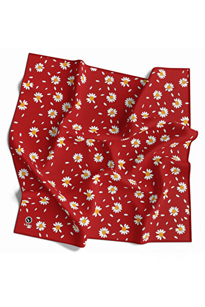 VİOLLA Twill Papatya Desenli Kırmızı Renkli 90x90 Eşarp (İpek İçermez) Kenar ...