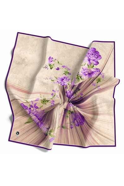 VİOLLA Twill Çiçekli Desenli Mor Renkli 90x90 Eşarp (İpek İçermez) Kenar Diki...