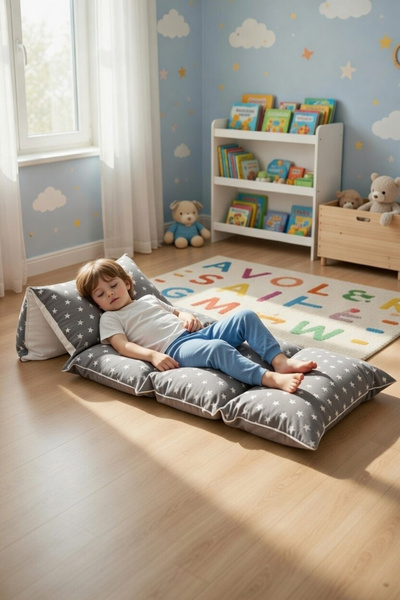 Bundeba Puf Gri Yıldızlı Çocuk Katlanır Yer Minderi Bebek Yer Yatağı 5 Bölmel...