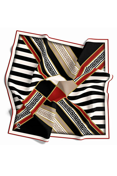 VİOLLA Twill Çizgili Geometrik Desenli Kırmızı Renkli 90x90 Eşarp (İpek İçerm...
