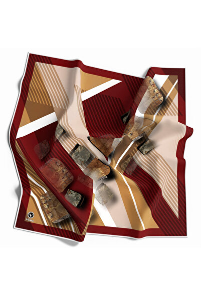 VİOLLA Twill Çizgili ve Geometrik Desenli Bordo Renkli 90x90 Eşarp (İpek İçer...
