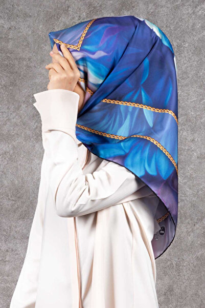VİOLLA Twill Gül Desenli Bebe Mavisi - Pudra Renkli 90x90 Eşarp (İpek İçermez...