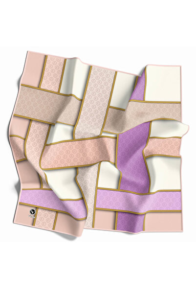 VİOLLA Twill Şeritleri Monogram Desenli Somon Renkli 90x90 Eşarp (İpek İçerme...