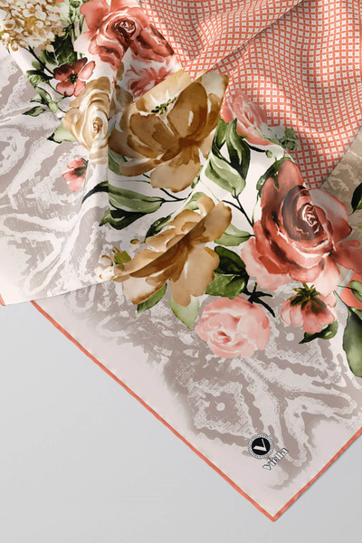 VİOLLA Twill Çiçek Desenli Somon Renkli 90x90 Eşarp (İpek İçermez) Kenar Diki...