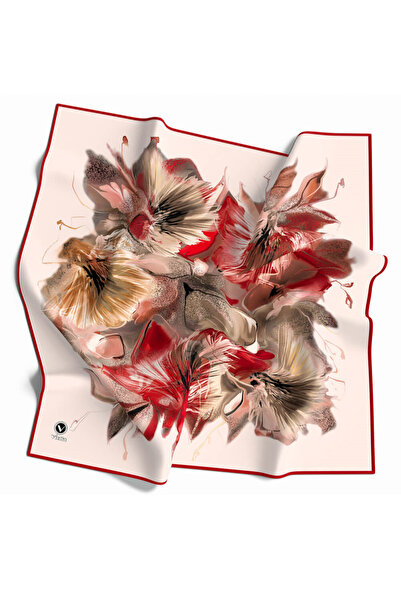 VİOLLA Twill Çiçek Desenli Bordo - Bej Renkli 90x90 Eşarp (İpek İçermez) Kena...
