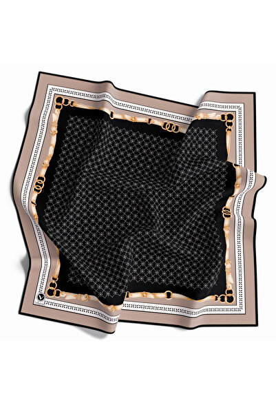 VİOLLA Twill Kemerli ve Çıtır Motifli Desenli Bej Renkli 90x90 Eşarp (İpek İç...