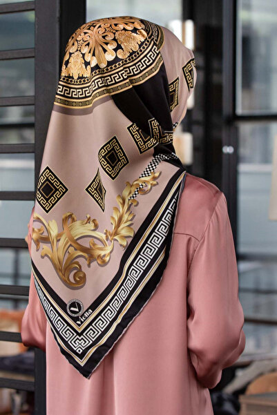 VİOLLA Twill Barok Desenli Bej Renkli 90x90 Eşarp (İpek İçermez) Kenar Dikiş ...