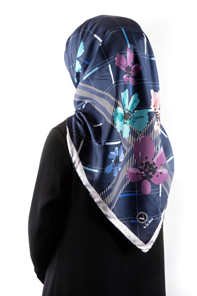 VİOLLA Twill Papatya Desenli İndigo Renkli 90x90 Eşarp (İpek İçermez) Kenar D...
