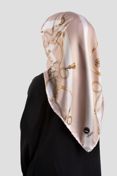 VİOLLA Twill Çizgili Kemer ve Zinci Desenli Bej Renkli 90x90 Eşarp (İpek İçer...