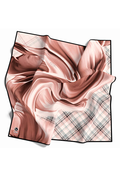 VİOLLA Twill Dalga ve Ekose Desenli Somon Renkli 90x90 Eşarp (İpek İçermez)Ke...