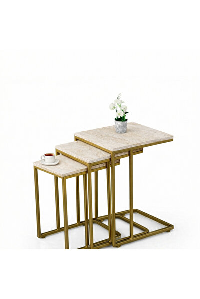 Riyes Tasarım Ahşap 3’lü Tekerlekli Zigon Sehpa Seti – Gold Metal Ayaklı – Mo...