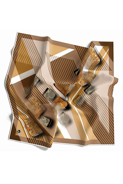 VİOLLA Twill Çizgili ve Geometrik Desenli Sütlükahve Renkli 90x90 Eşarp (İpek...