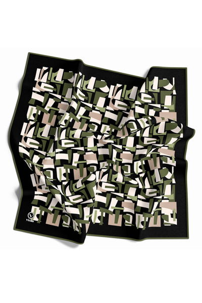 VİOLLA Twill Geometrik Desenli Haki Yeşili - Bej Renkli 90x90 Eşarp (İpek İçe...