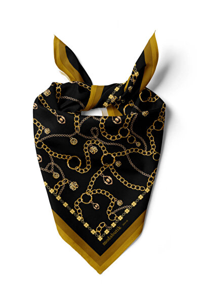 Modabutik H13 Kadın Siyah Sarı Zincir Desenli 50x50 Bandana