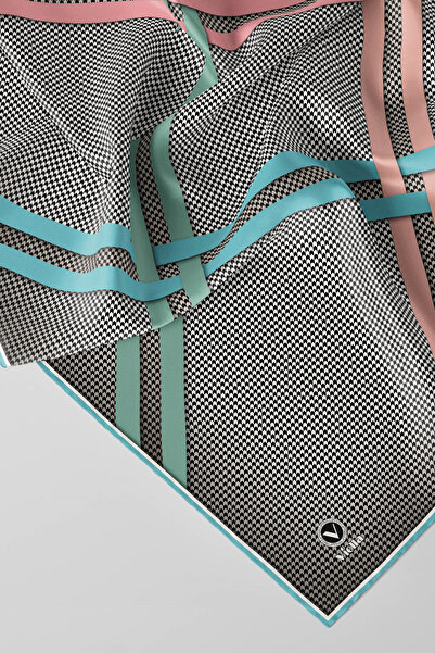 VİOLLA Twill Çizgili Pötikareli Çizgili Desenli Somon Renkli 90x90 Eşarp (İpe...