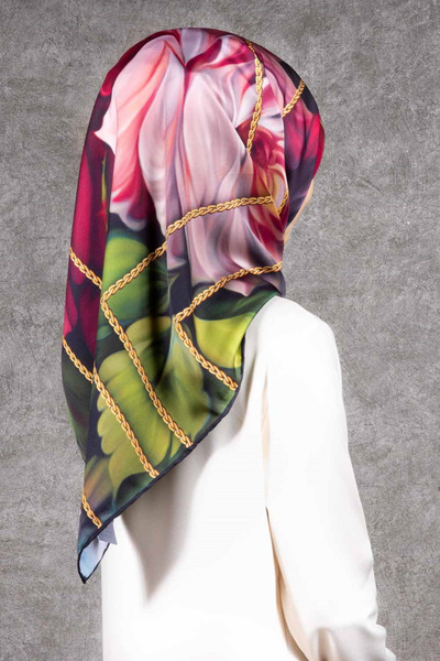 VİOLLA Twill Gül Desenli Şarabi - Haki Renkli 90x90 Eşarp (İpek İçermez) Kena...