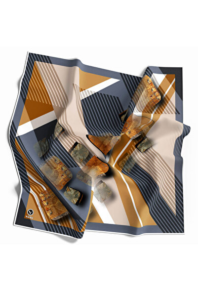 VİOLLA Twill Çizgili ve Geometrik Desenli Hardal Renkli 90x90 Eşarp (İpek İçe...