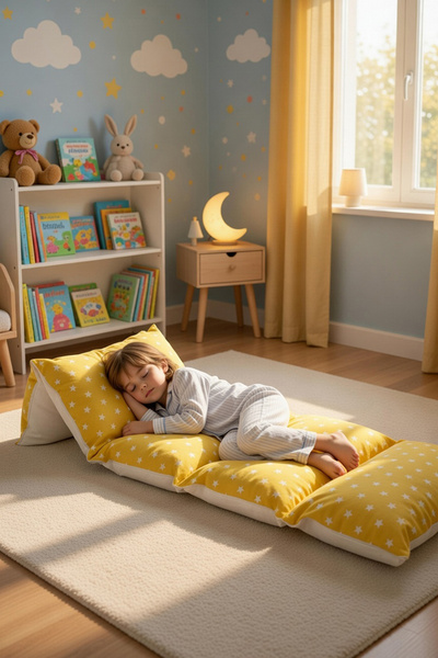 Bundeba Puf Sarı Yıldızlı Çocuk Katlanır Yer Minderi Bebek Yer Yatağı 5 Bölme...