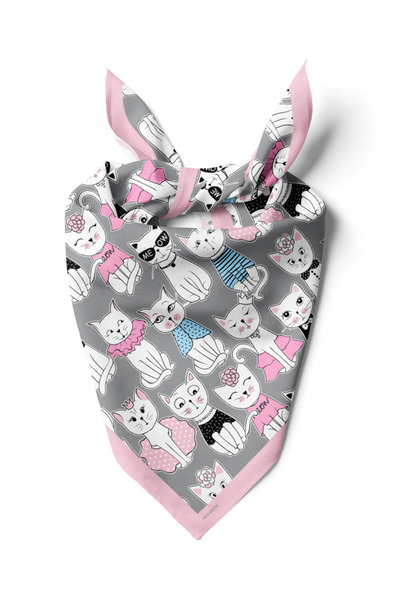 Modabutik B85 Kadın Kedi Desenli Bandana 50x50 Siyah Beyaz Pembe DG0411-22 Snz