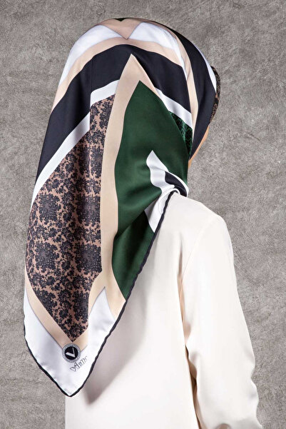 VİOLLA Twill Geometrik Barok Desenli Zümrüt Yeşili - Siyah Renkli 90x90 Eşarp...