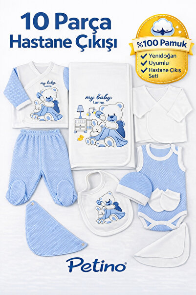 Petino %100 Pamuk Yenidoğan Mavi Ayıcık Desenli 10 Parça Hastane Çıkışı Seti ...