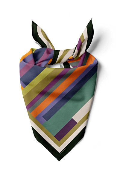 Modabutik E7 Kadın Mor Krem Çizgi Desenli 50x50 Bandana HYL DG01481-22