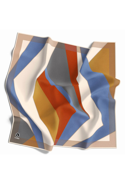 VİOLLA Twill Geometrik Desenli Taba - İndigo Renkli 90x90 Eşarp (İpek İçermez...