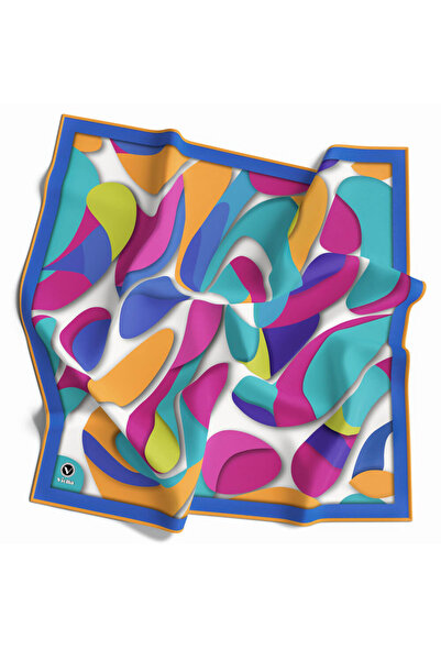 VİOLLA Twill Soyut Geometrik Desenli Buz Mavisi - Sarı Renkli 90x90 Eşarp (İp...