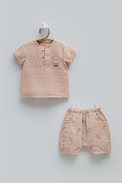 Caramell Free Boy Half-Pat Buttoned Muslin Top and Bottom Set Brown