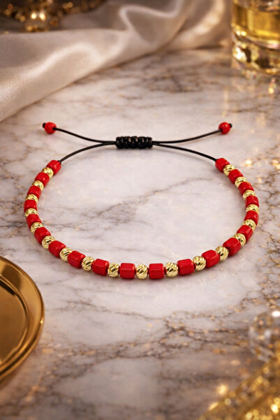 Handmade Adjustable bracelet with red and gold beads